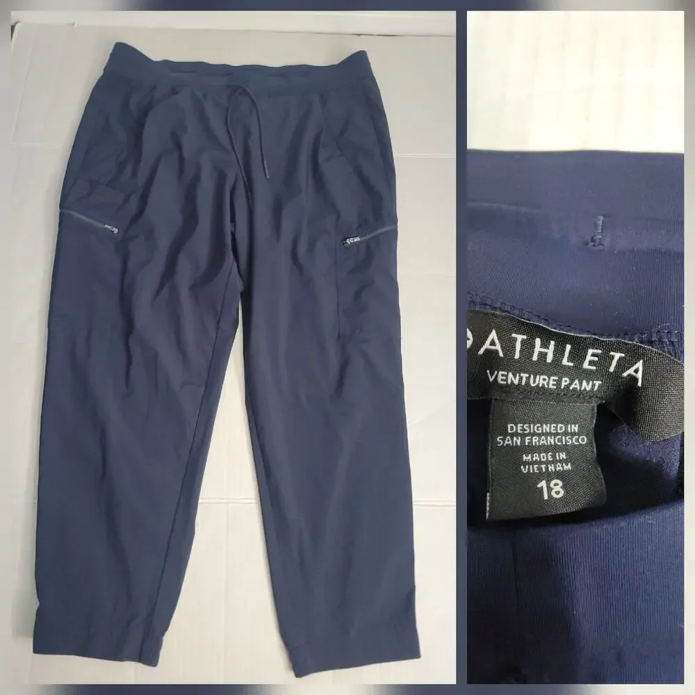 ATHLETA Venture Pants Womens Sz 18 Go Far Travel Cargo Zip Pockets Navy Blue